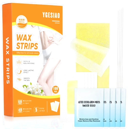 YGESIAO 100 PCS Wax Strips for Hair Removal – 60 Body & 40 Facial Waxing Strips for Women, Complete At-Home Waxing Kit with 5 Soothing Oil Wipes, Gentle for Sensitive Skin on Face, Bikini Line, Legs & More