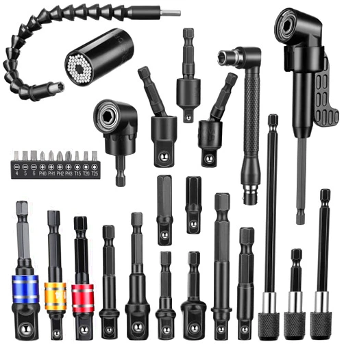Reginary 32 Pieces Flexible Drill Bit Extension Set Including 105° Right Angle Drill Attachment 1/4, 3/8, 1/2 Inch Hex Adapter Socket Bendable Magnetic Extender Universal Bit Extension Screwdrive