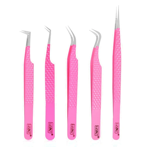 HADIZ Fabir Tip Eyelash Extension tweezers Lash Tweezer Japanese Steel set of five (Raspberry)