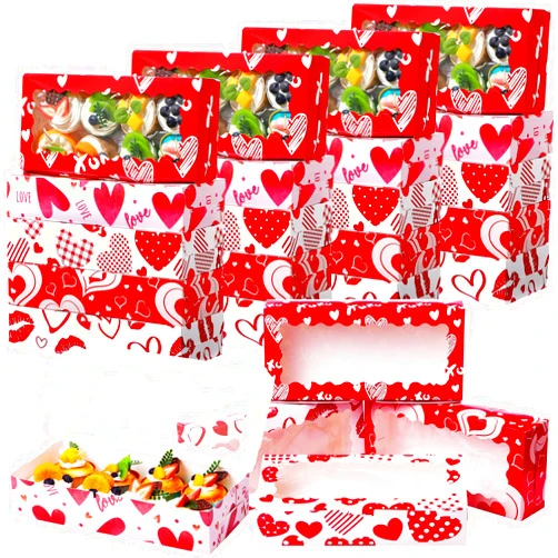 Resurhang 50 Pieces Valentines Cookie Boxes with Window Valentine's Day Treat Boxes 12'' x 5.5'' x 2.5'' Heart Bakery Boxes Red Heart Cupcake Gift Boxes Decorations for Wedding Party Favors