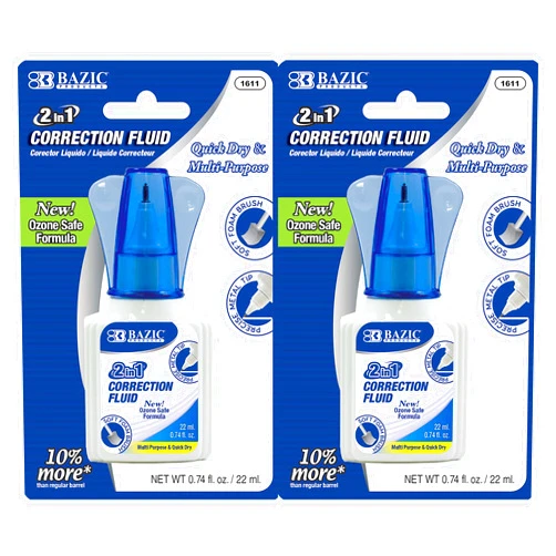 BAZIC Products BAZIC Correction Liquid 2 in 1 (0.74 oz / 22 ml), Foam Brush & Precise Metal Tip Applicator, Instant Corrections Pen White Out Wipe Out Fluid, 2-Pack