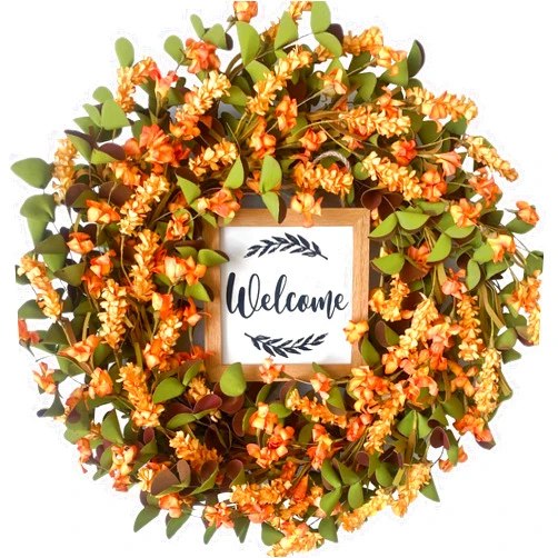 idyllic Fall Wreaths for Front Door Outside - 22'' Autumn Wreath with Welcome Sign, Mustard & Orange Flowers & Round Leaves, Perfect for Thanksgiving & Harvest Decor