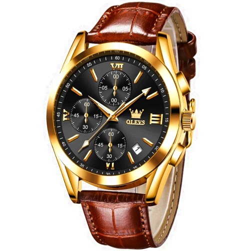 OLEVS Watches for Men Brown Leather Gold Case Analog Quartz Fashion Business Dress Watch Day Date Luminous Waterproof Casual Male Wrist Watches