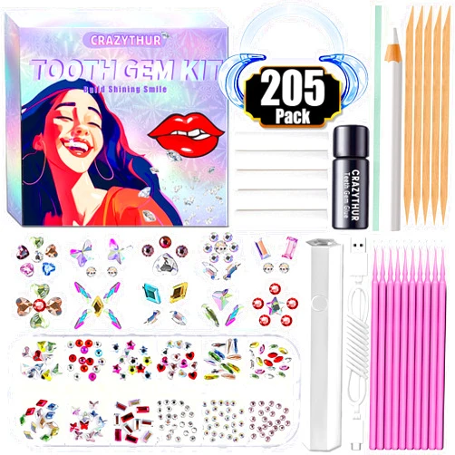 CRAZYTHUR Teeth Jewelry, 205Pcs Shining DIY Teeth Gems Kit,Fashionable Gems for Teeth, Professional Tooth Gems, Teeth Jewels Crystal Reflective Tooth Gems for Teeth Starter Kit