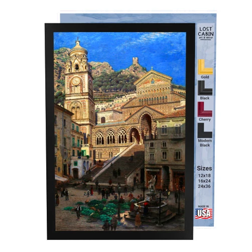 Lost Cabin art & decor Lost Cabin Amalfi Cathedral by Aleksander Gierymski | Print Black Flat Frame | Fine Artwork Painting Reproduction | Framed Wall Art Decor Poster | Image: 12x18 Frame: 14x20