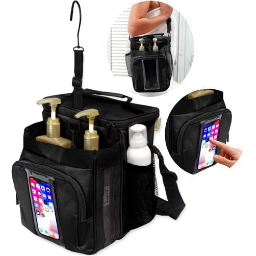TERRA HOME Portable XL Shower Caddy Bag - College Dorm Room Essentials for Men, Women, Students - Foldable, Water Resistant with Hanging Keychain Hook and Shoulder Strap Shower Organizer Bag (Black)