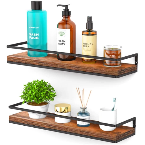 Meangood Floating Shelves Wall Mounted Set of 2, Rustic Wood Wall Storage Shelves for Bedroom,Living Room,Bathroom, Kitchen Rustic Brown