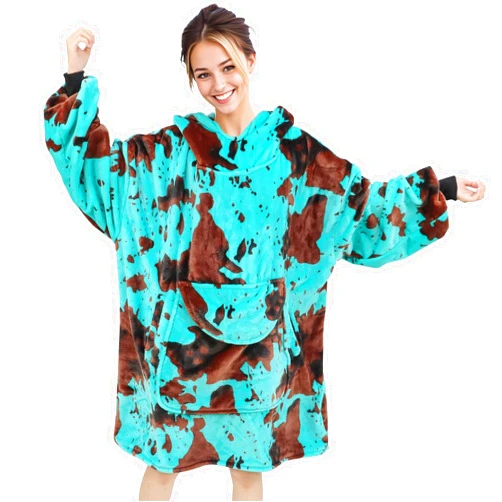 KIVEE Blue Cow Print Wearable Blanket Hoodie Oversized Fleece Sweatshirt Blanket with Giant Pocket Warm Cozy Hooded Blanket for Adult Cow Gifts for Women Men