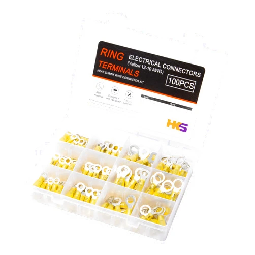 HKS 100PCS Heat Shrink Ring Terminals -Yellow 12-10 AWG - Tinned Red Copper 1.0mm 4 Sizes #10,1/4