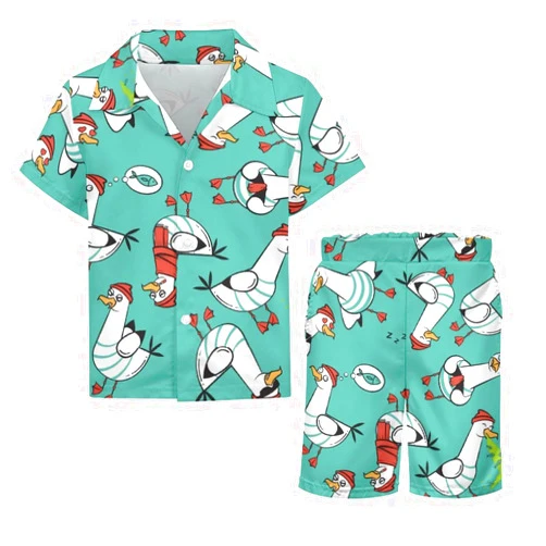 NAWFIVE Boys Hawaiian Button Down Shirts And Short Sets Cartoon Seagull Pattern Summer Outfits Kids Set 3-12T