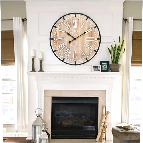 MICWIC 24 Inch Grand Farmhouse Wall Clock, Vintage-Inspired Wood & Metal Design with Large Etched Numbers, Silent Battery-Powered Timepiece for Offices, Kitchens, Bedrooms, and Living Rooms