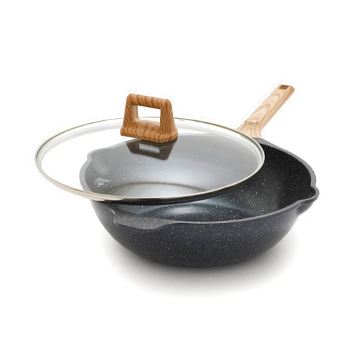 GreenLife Arte 5.1QT All in One Multi-Purpose Deep Skillet, Healthy Ceramic Nonstick, Induction Suitable, Non Toxic PFAS-Free, Sear, Fry, Boil, Wood Print Handles, Dishwasher Safe, Speckled Black