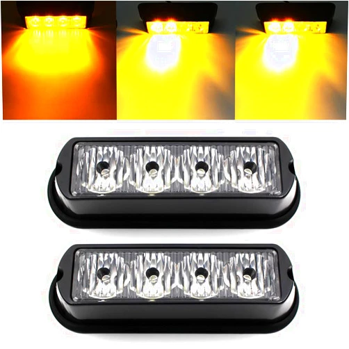 FXC 2pcs 4-LED Surface Mount Flashing Strobe Lights for Truck Car Vehicle LED Grille Light Emergency Beacon Caution Hazard Warning lights (Amber/Amber)
