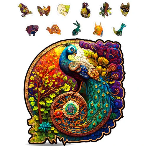 CRAFTHUB Animal Wooden Puzzles for Adults – A3 Peacock with 127 Pieces Wood Puzzles – Jigsaw Puzzles with Unique Animal Shapes – 10.6