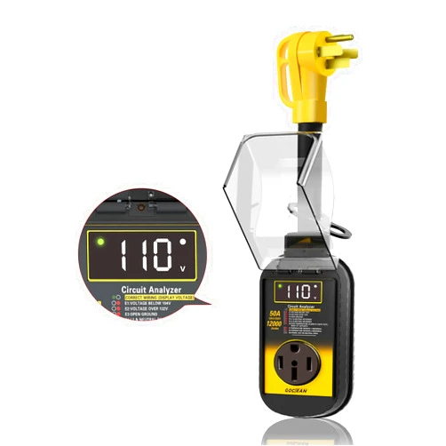 Gociean LCD Display RV Surge Protector 50 Amp, 12000 Joules with Waterproof Cover, RoHS Certified Power Voltage Protector with RV Circuit Analyzer for RV, Camper, Trailer