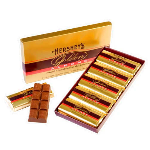 HERSHEY'S GOLDEN ALMOND Chocolate Bar, Roasted Almonds in Fine Milk Chocolate Candy Bar, Individually Wrapped Bars in Gift Box, 14 Ounce Box