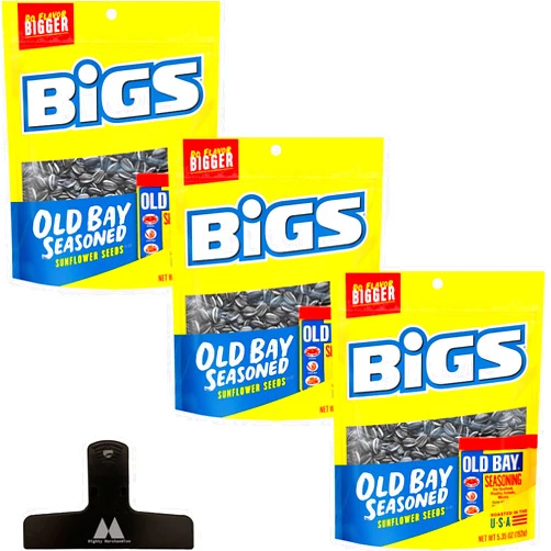 Mighty Merchandise BIGS Old Bay Flavored Sunflower Seeds - 5.35 oz Bags (Pack of 3) - With Mighty Merchandise Bag Clip
