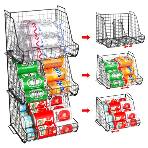 Lyuwanxian Stacking Can Dispensers 3 Tier with 3 Divider, Large Pantry Can Organizer, Standing Water Bottle Holder, Beverage Drink Pop Soda Can Storage Basket, Canned Food Rack Wire Bins for Kitchen Cabinet