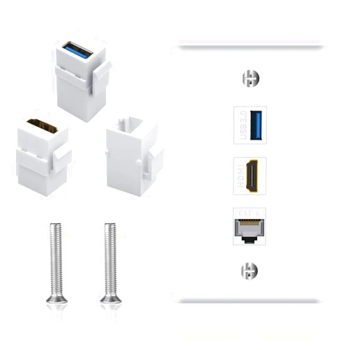 Poyiccot HDMI RJ45 Wall Plate, 3Port HDMI USB Outlet Wall Plate, 1 x HDMI Female to Female Jack + 1 x Cat6 RJ45 Ethernet + 1 x USB 3.0 Jack Support Keystone Wall Plate for Face Plate, White
