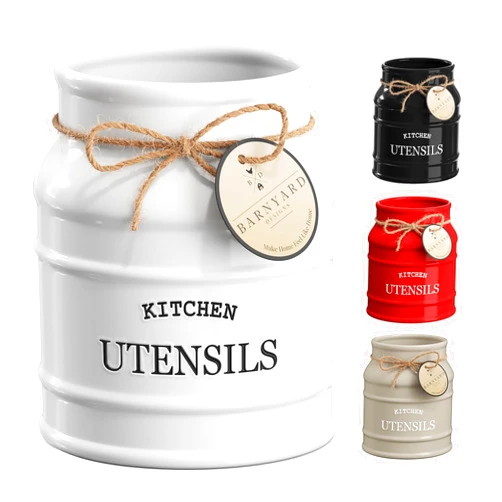 Barnyard Designs Ceramic Farmhouse Utensil Holder for Kitchen Counter, Large Rustic Utensil Crock, Countertop Cooking Tool Spatula Organizer, 6.75” (White)