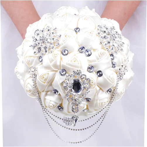 Gkvszy Ivory Wedding Bridal Bouquet with Bling Brooch Rhinestone String Cascading Bouquet for Bride Bridesmaid Quinceanera Satin Rose Flower Bouquet Wedding Ivory 8.3in