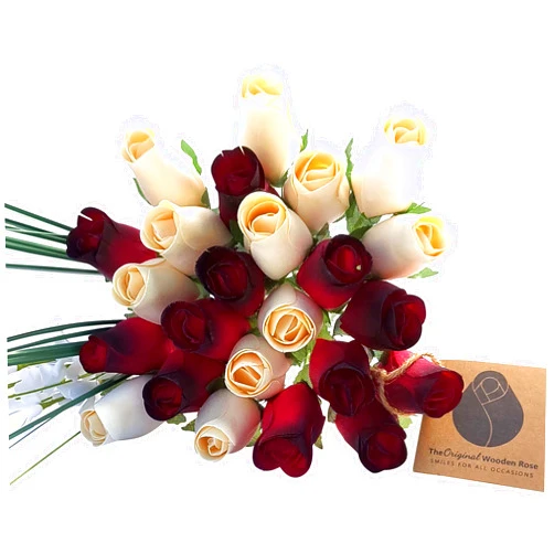 The Original Wooden Rose Red with Black Tips and White Wooden Rose Bouquet (2 Dozen)