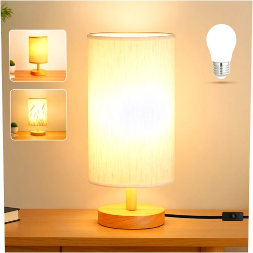 EZIYIN Desk Lamp LED Bulb Included, Small Bedside Table Lamp Plug-in - Classic Wood Base with Flaxen Fabric Shade, Lamps for Night Stands, Simple Nightstand Light for Bedroom, Office, Desk