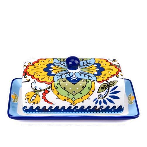 NAGU Hand Drawn Ceramic Butter Dish with Lid, Farmhouse Butter Plate Tray with Cover, Vintage Cheese Container Holder for Kitchen Countertop, Decorative Colored Country Style Home Butter Keeper Saver