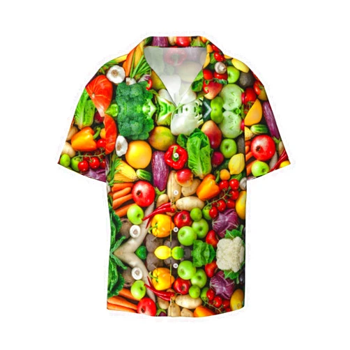 FRESQA Fresh Fruits and Vegetables Print Short-Sleeve Cuban Collar Shirt Beach Shirt,Perfectly Casual Button-Up Shirt