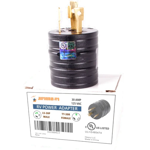 Journeyman-Pro Generator RV Power Adapter L5-30P Male to TT-30R Female 125 VAC 30 Amp - Electrical Cord Plug Converter (Black Rubber) (L5-30P to TT-30R)