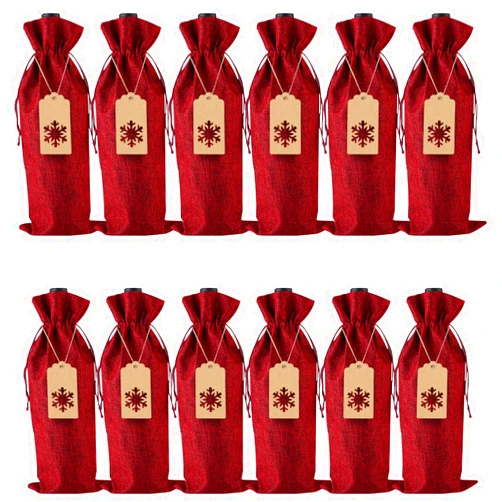 PIXHOTUL Burlap Wine Gift Bags, 12 Pcs Jute Drawstring Wine Bottle Covers with Tags and Ropes for Christmas, Wedding, Travel, Birthday, Holiday Party (Wine Red)