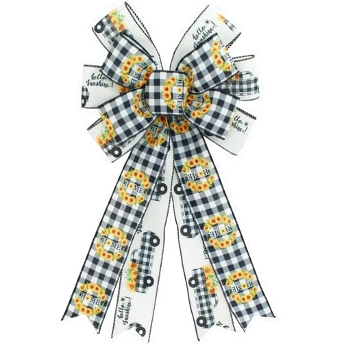 Hiagkmet Sunflower Burlap Bow Larger Black and White Checkered Wreaths Bow for Gift Wrapping Spring Summer Autumn Tree Topper Indoor Outdoor Wedding Party Decoration