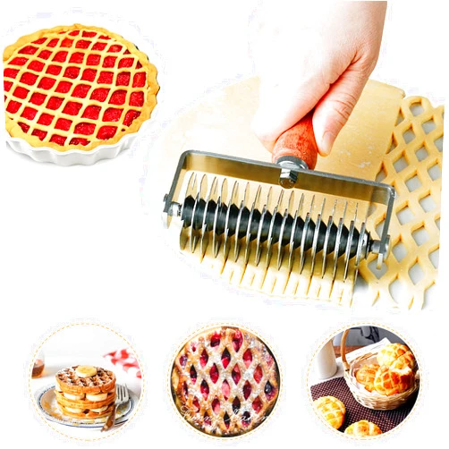 Aonagi Stainless Steel Lattice Roller Cutter With Wood Handle - Dough Baking Tool for Cookie, Pie, Pizza, Bread, Pastry Crust - Household Time-Saver for Biscuits