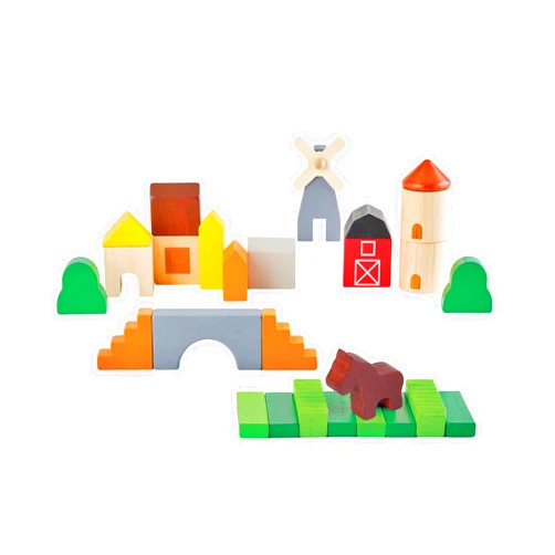 PlanToys® Country Blocks Wooden Montessori Building and Imaginative Play Set | Creativity, Fine Motor Skills and Early STEM Learning Activity | Eco Friendly Open Ended Construction Toy
