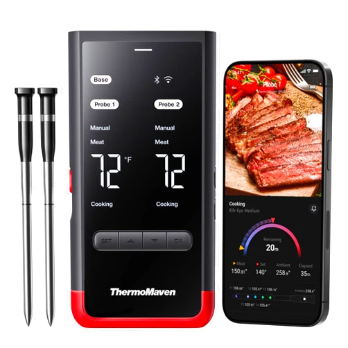 ThermoMaven Wireless Bluetooth Smart Meat Thermometer: Standalone Base, WiFi Unlimited Range, 6 Sensors with NIST Certified Accuracy, 2 Probes, for BBQ, Grill, Oven, Smoker, Rotisserie (Red)
