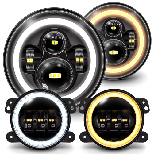 ONLINE LED STORE TRUE MODS 7-inch H6024 LED Headlights + 4-inch Fog Lights for Jeep Wrangler JK Unlimited JKU Accessories 2007-2018 [HALO DRL][Amber Turn Signals] [High/Low Sealed Beam]