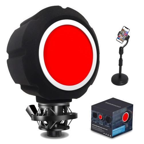 Piwerod Microphone Isolation Ball & Dual Pop Filter, Portable Foam Acoustic Noise Reduction Wind Shield with Adjustable Phone Holder for Streaming, Podcast & Vocal Recording, Compatible with Most Mics