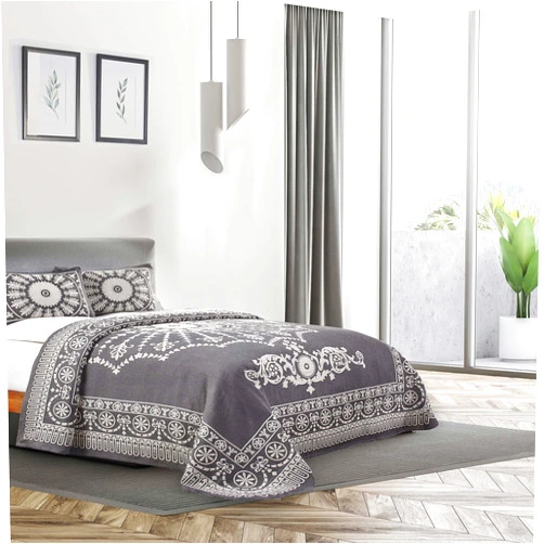 Superior Cotton Blend Bedspread 3-Piece Set, Light Weight Blanket, 2 Matching Pillow Shams, Oversized Bedding, Traditional Bedroom, Jacquard Medallion Decor, Kymbal Collection, King, Charcoal