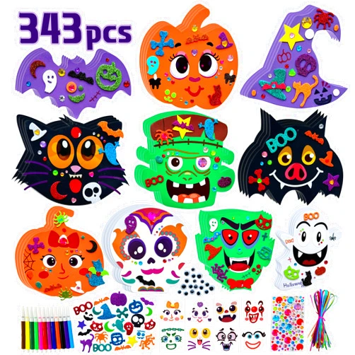 AIVEI Halloween Crafts for Kids 343Pcs Foam Stickers Set, Halloween Activities Art DIY Craft Kits Bulk Decorations Party Favors Supplies for Girls Boys Adult