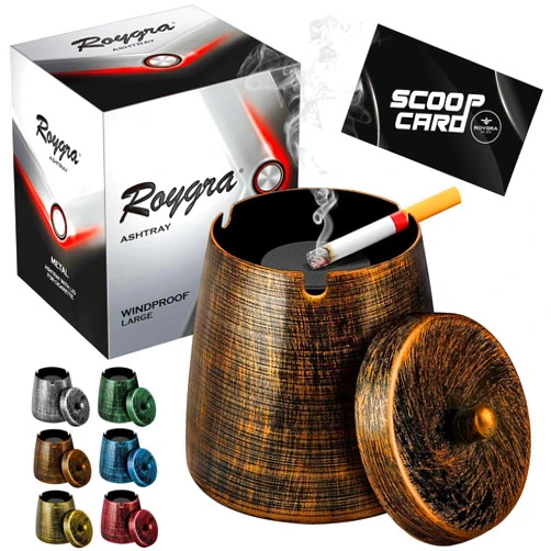 roygra Ashtray with Lid, Windproof Smokeless Metal Ashtray – Bronze, Large Size (4.63 x 3.93 x 3.93’’)