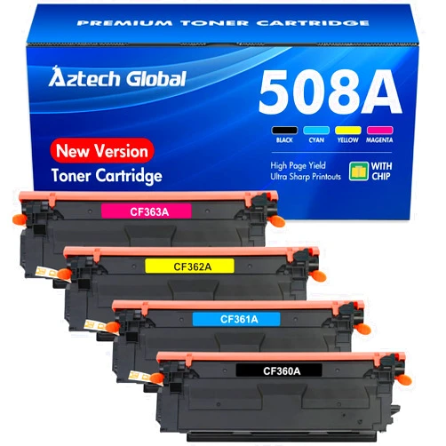 AZTECH GLOBAL 508A M553 Toner Cartridge Set: 4-Pack Compatible Replacement for HP 508A 508X CF360A CF361A CF362A CF363A for Color Enterprise M553 M552 553 MFP M577 Series Printer Ink (New Version-BK/C/Y/M)