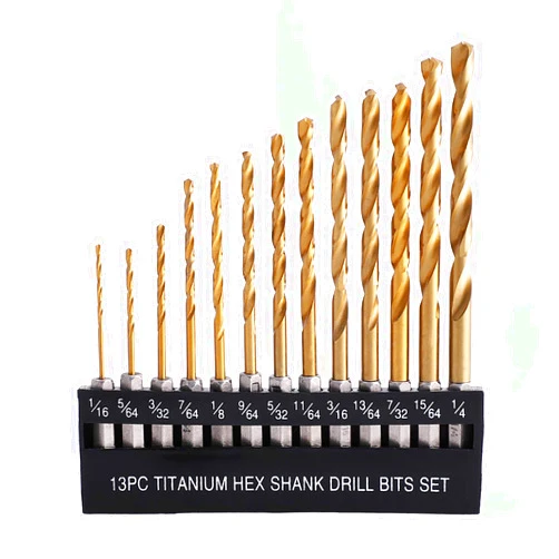 COMOWARE Titanium Twist Drill Bit Set - 13 Pcs Hex Shank High Speed Steel for Wood Plastic Aluminum Alloy, Quick Change, 1/16