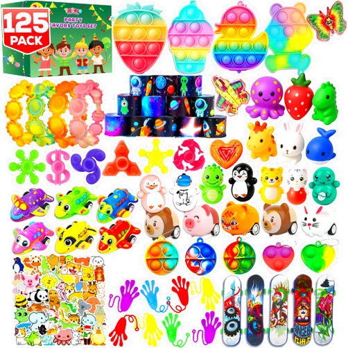 TwCare 125 Pcs Party Favors Fidget Toys Pack, Randomly Selected Pop Sensory Set 65 Stickers Gifts for Kids Adults Boy Girl Stocking Stuffers Autistic Goodie Bag Filler Treasure Box Classroom Prizes School