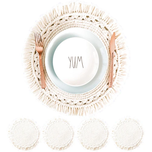 SnugLife Macrame Placemats Set of 4 - Handmade Cotton Woven Boho Placemats - Modern Farmhouse Fringe Placemats for Dining Table, Kitchen, Bohemian Wedding Décor, Rustic Natural Off White, 16