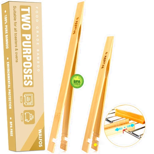 Walfos Bamboo Toaster Tongs - Wood Tongs For Cooking, Bamboo Tongs Ideal for Toaster, Fruits, Bread & Pickles, Kitchen Utensil For Cheese Bacon Muffin - 8