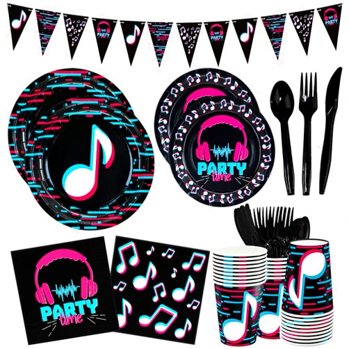 DYLIVeS 180 Pcs Music Party Supplies, Music Theme Birthday Party Decorations Disposable Tableware Packs Music Note Party Supplies for Girls - Banner, Plates, Cups, Napkins, Cutlery (Serves 24)