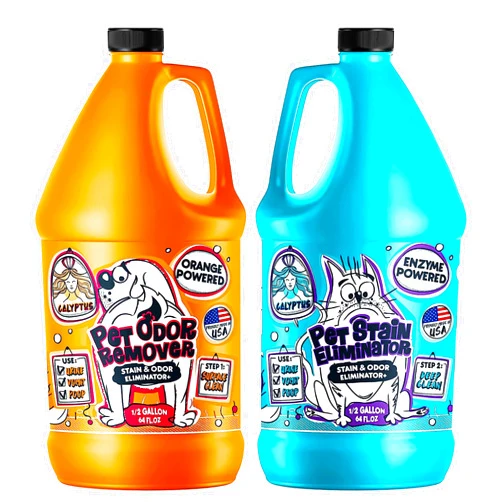 Calyptus Pet Stain and Odor Remover | Orange and Enzyme Cleaner Duo Solution for Pets | 128oz (64oz x 2 Bottles) | Carpet Cleaner and Odor Eliminator for Cat Urine, Dog Pee, and Poop | Pro Strength