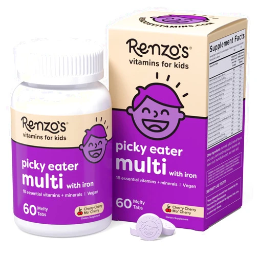 Renzo's Picky Eater Kids Multivitamin with Iron - Dissolving Kids Vitamins with Vitamin D3 & K2 and More - 60 Sugar-Free Melty Tabs, Cherry Cherry Mo’ Cherry Flavored