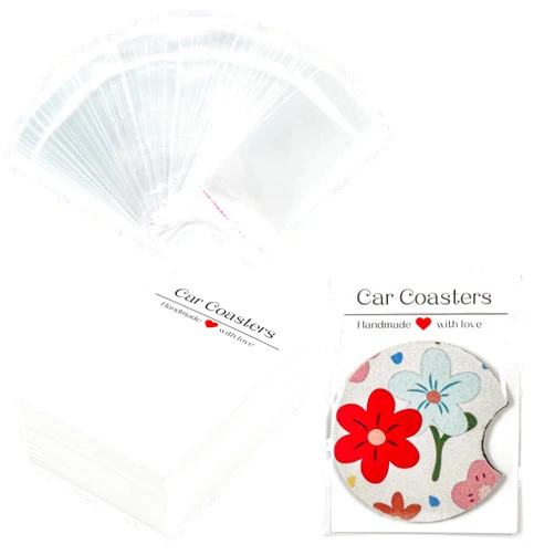 Vcekract 100Pcs Car Coaster Packaging for Selling, Sublimation Car Coasters Cards with 100Pcs Bags, Car Coaster Packaging, Coasters Display Cards 3.93x2.85In, Heat Press Machines Accessories