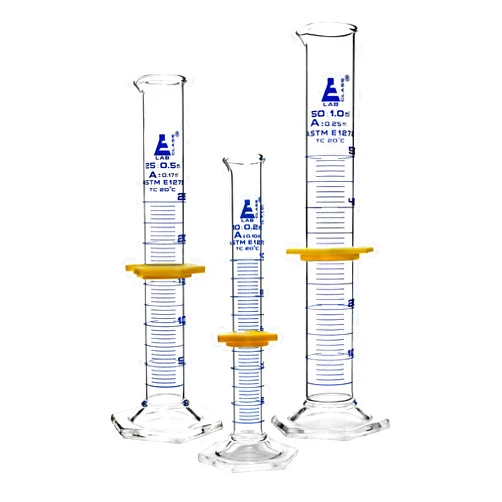 EISCO Premium Graduated Cylinder Set - 10mL, 25mL & 50mL - ASTM, Class A - Protective Collars, Hexagonal Base - Blue Graduations - Borosilicate 3.3 Glass